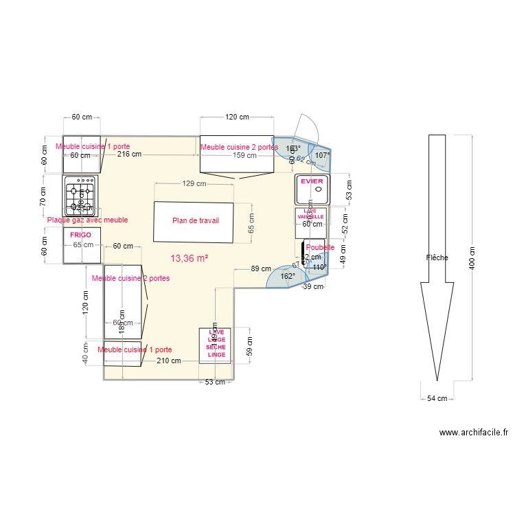 Cuisine arca agrandisst sur sdb et Bow window. Plan de 1 pièce et 13 m2