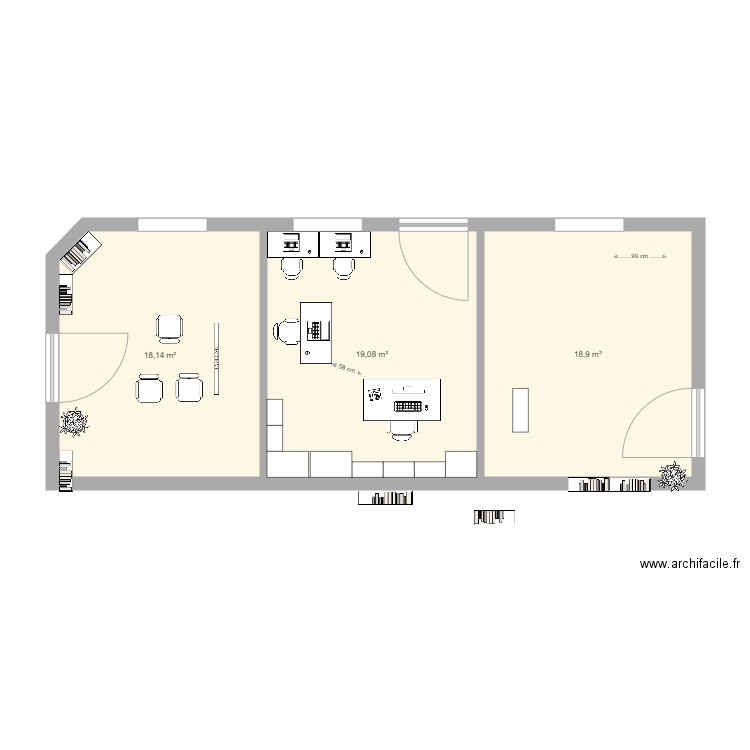 Enclos St François - nouvelles salles. Plan de 3 pièces et 59 m2