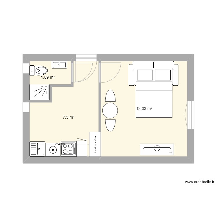 t1 st roch. Plan de 3 pièces et 21 m2