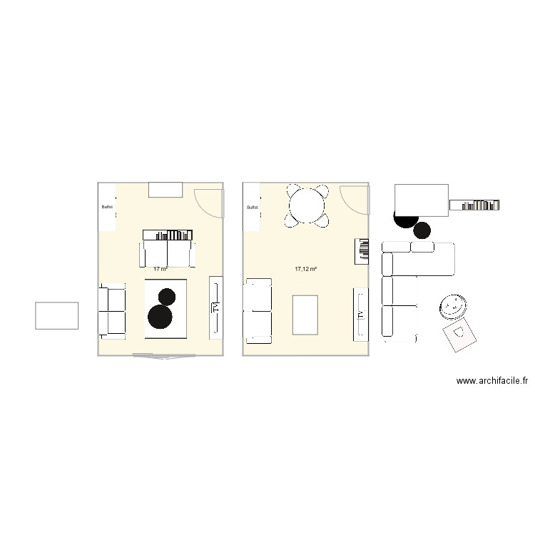 salon. Plan de 2 pièces et 34 m2