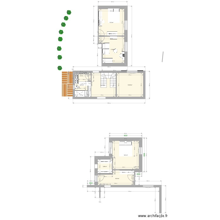 Extension. Plan de 9 pièces et 84 m2
