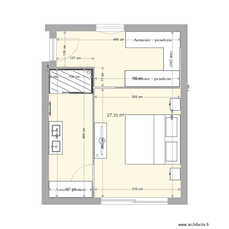 Ebauche Chambre Payré. Plan de 1 pièce et 27 m2