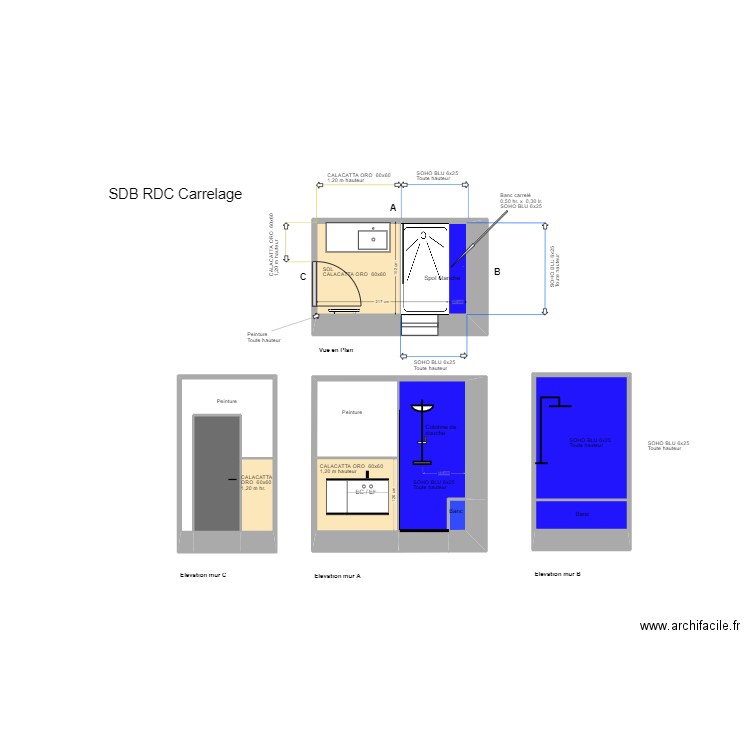 SDB 1 Mittainville + élévations Carrelage détail. Plan de 11 pièces et 17 m2