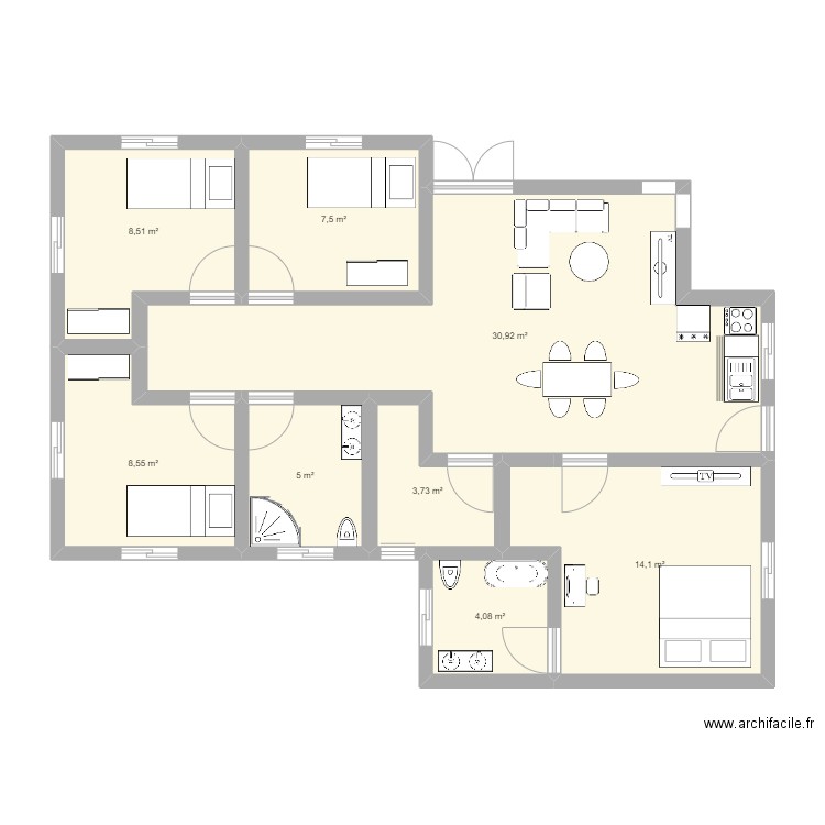 kalase1. Plan de 8 pièces et 82 m2