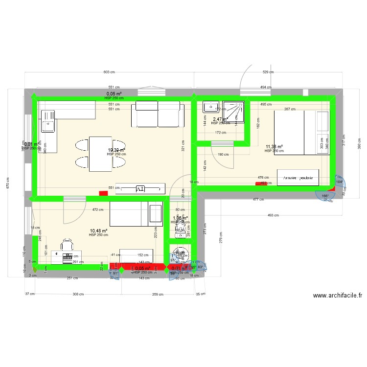 Plan RDC aménagement 1 - métrage. Plan de 9 pièces et 45 m2