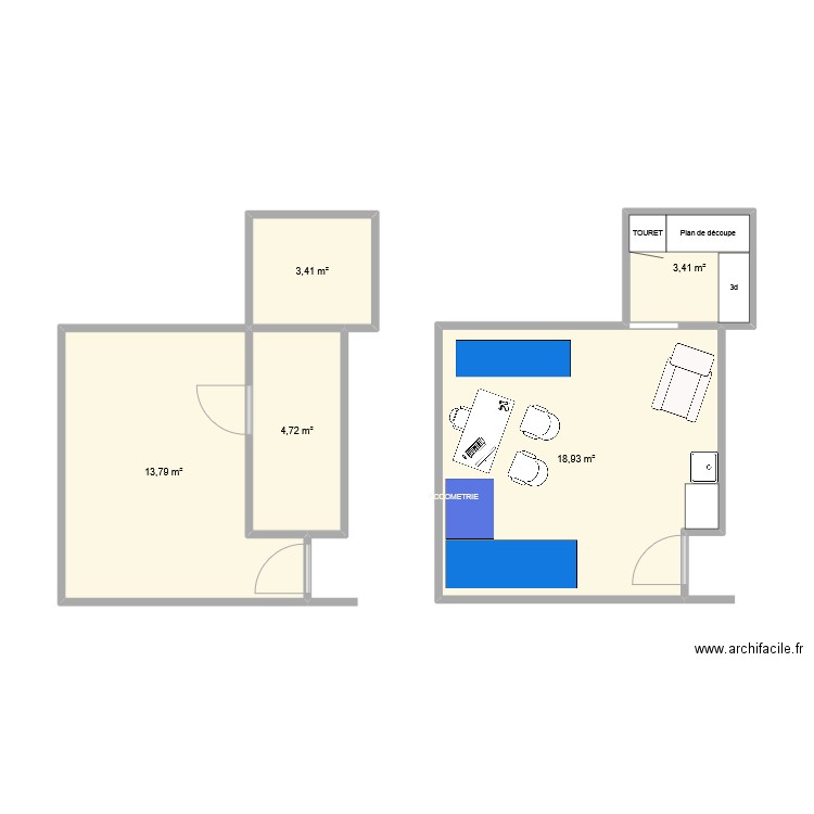 CABINET ACTUEL SI EXTENSION. Plan de 5 pièces et 44 m2
