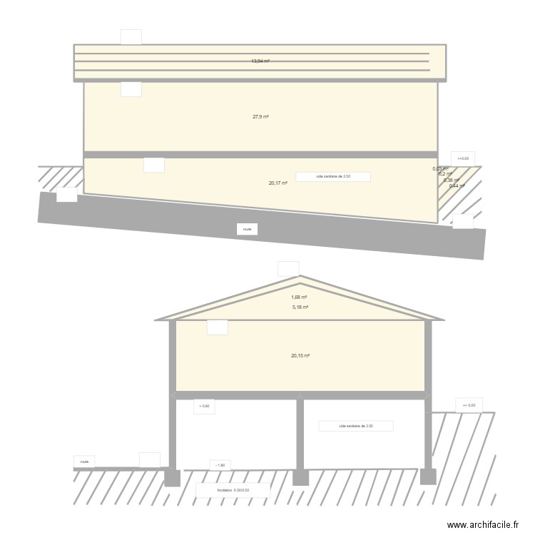 Plan en coupe du terrain. Plan de 10 pièces et 90 m2