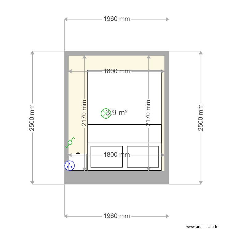 Mezza lit EO. Plan de 1 pièce et 4 m2