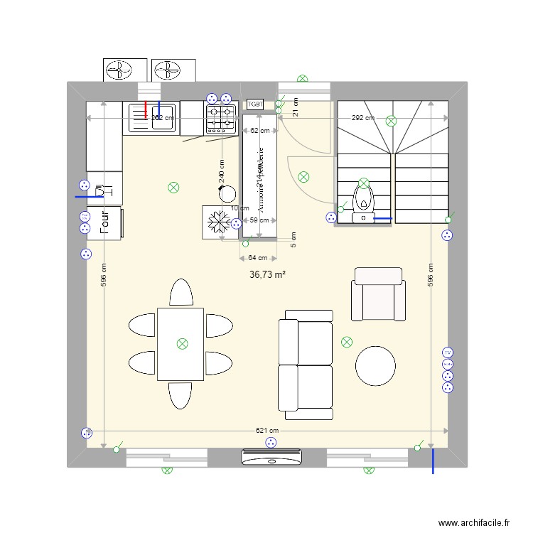 essai 5/03. Plan de 2 pièces et 37 m2