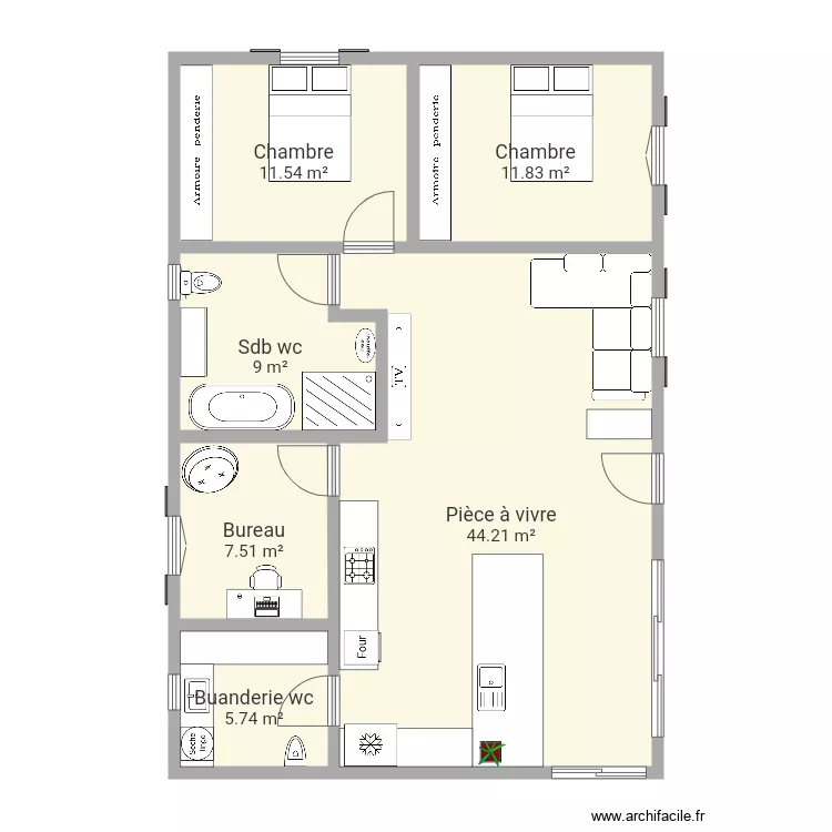 Maison t4 90m2 avec buanderie et double wc . Plan de 