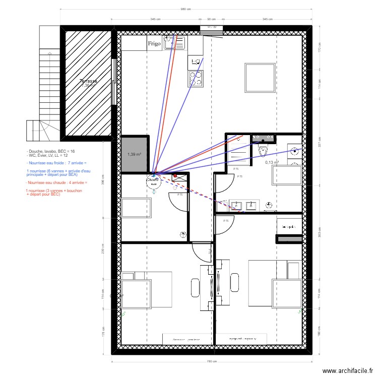 MAISON ETAGE PLOMBERIE. Plan de 11 pièces et 90 m2