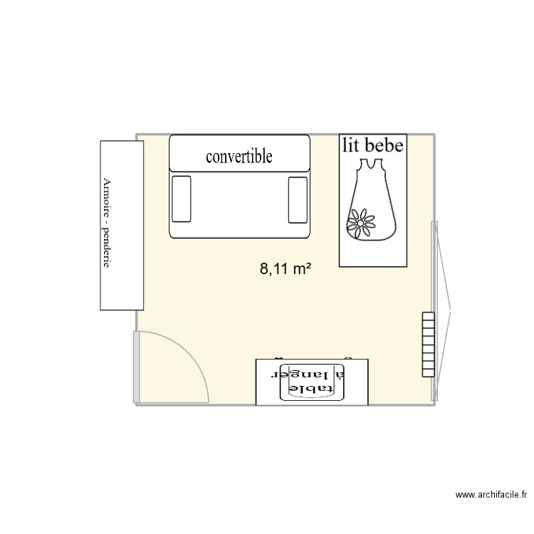 chambre bébé. Plan de 1 pièce et 8 m2