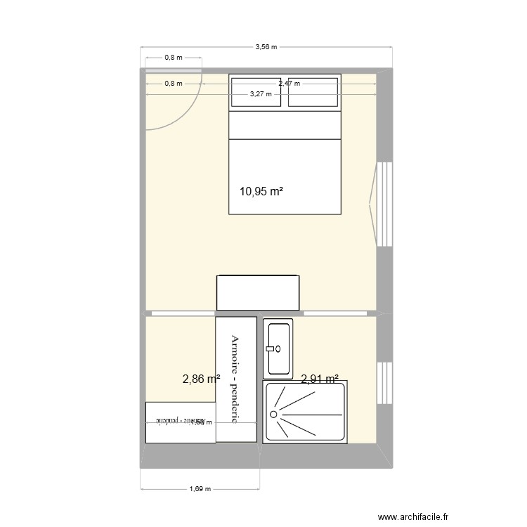 RODIER CHAMBRE PARENTALE. Plan de 3 pièces et 17 m2