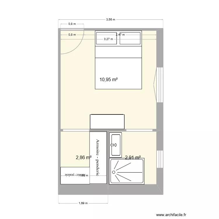 RODIER CHAMBRE PARENTALE. Plan de 3 pièces et 17 m²