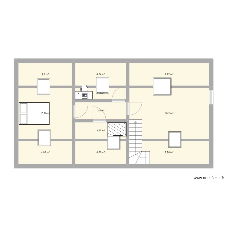etage. Plan de 11 pièces et 70 m2