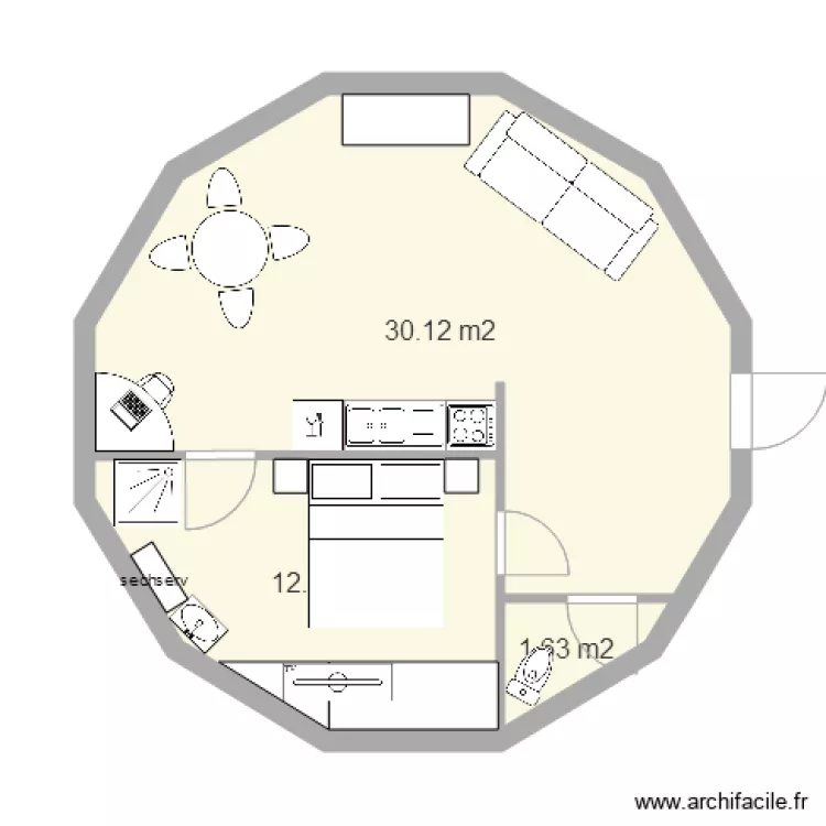 maison ronde 1chambre 50m2. Plan de 
