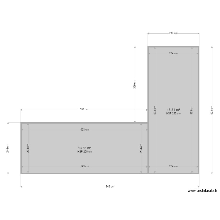 Projet Teulet 2 20' en L . Plan de 2 pièces et 28 m2