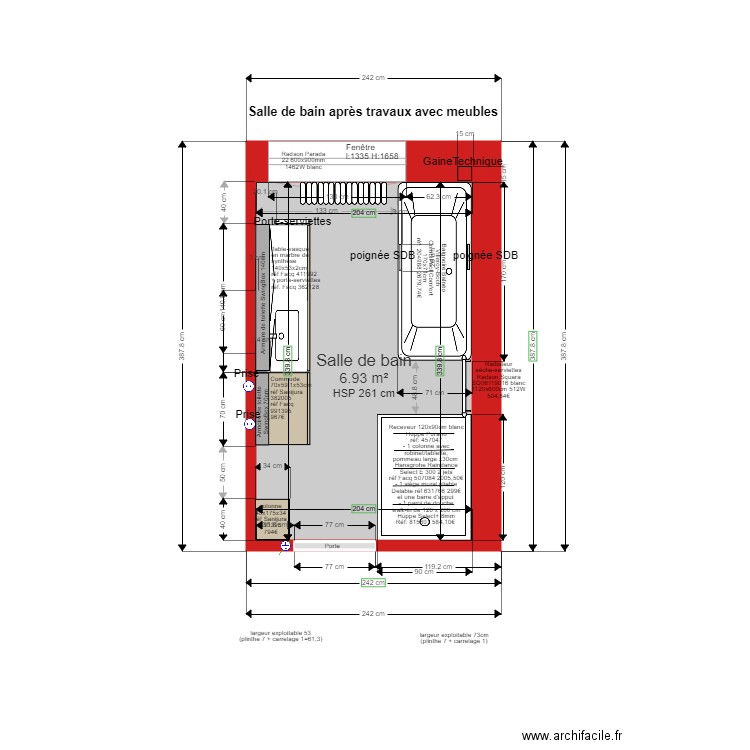 Salle de bain après travaux avec meubles définitif. Plan de 1 pièce et 7 m2