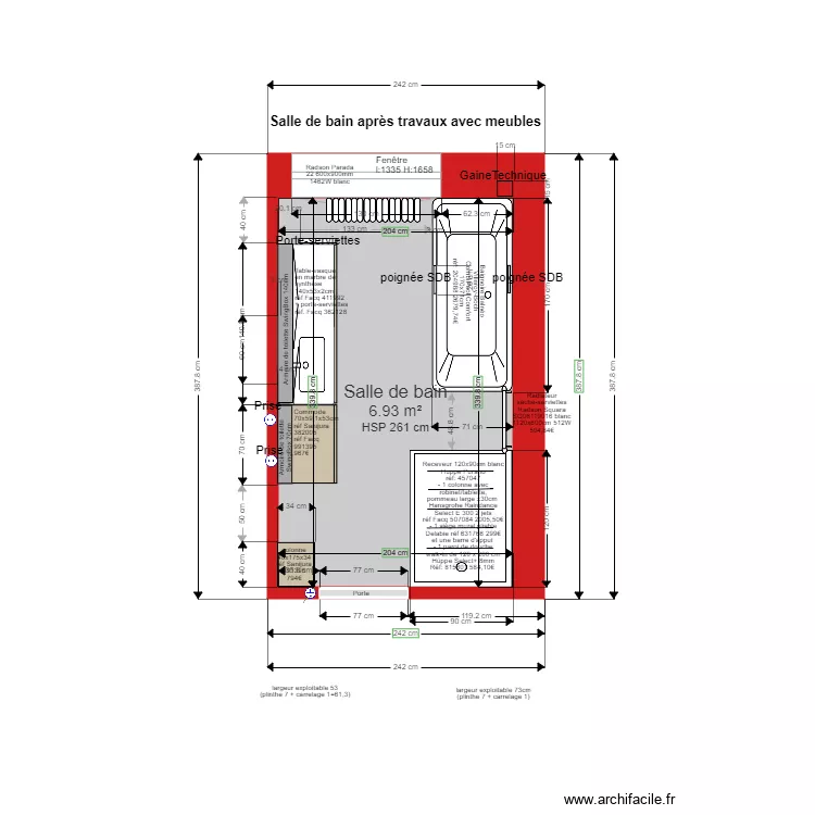 Salle de bain apr&egrave;s travaux avec meubles d&eacute;finitif. Plan de 
