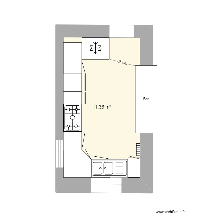 cuisine. Plan de 1 pièce et 11 m2