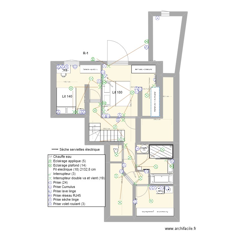 Prises Plan R moins 1. Plan de 8 pièces et 58 m2