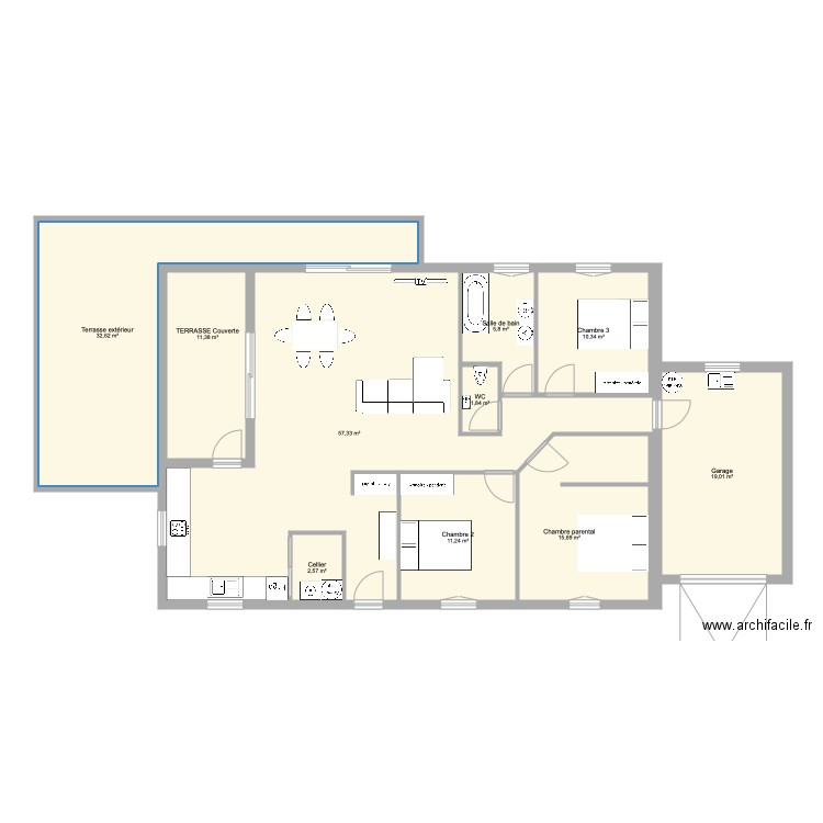 Maison 109 m2  garage 19 m2. Plan de 0 pièce et 0 m2