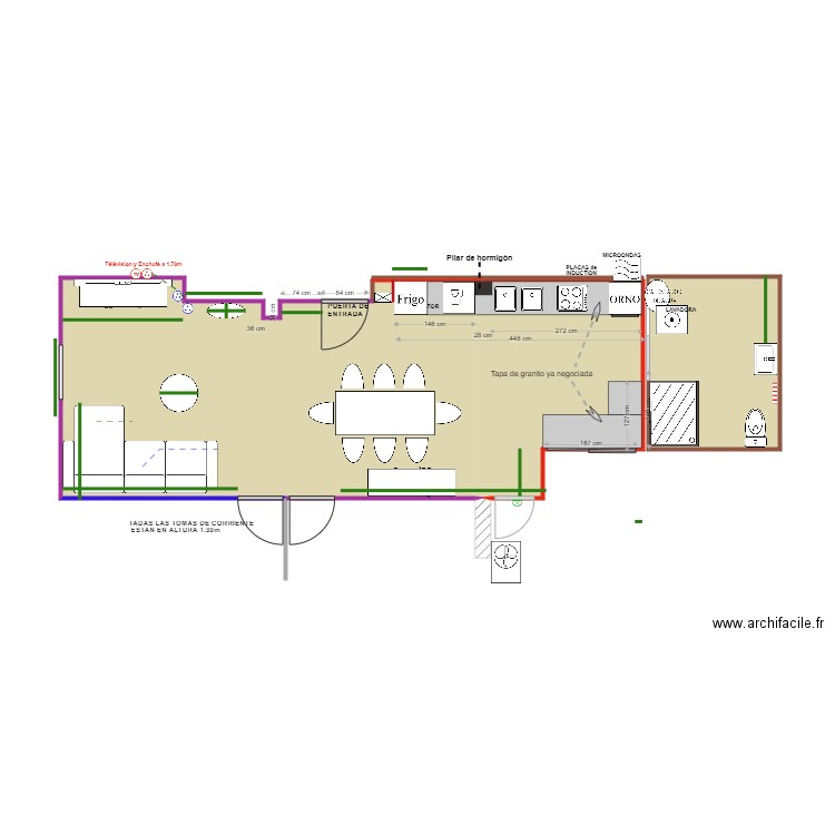 cotes meubles. Plan de 3 pièces et 43 m2