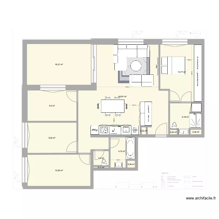 Plan de Base L+G meubl&eacute;7. Plan de 14  et 117 m²