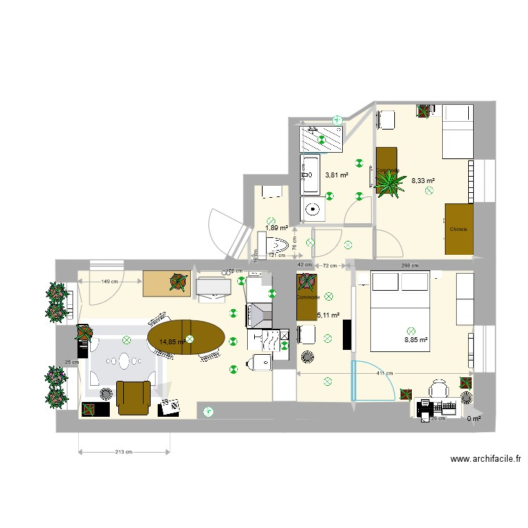 Dames entrée dans apparte. Plan de 7 pièces et 43 m2