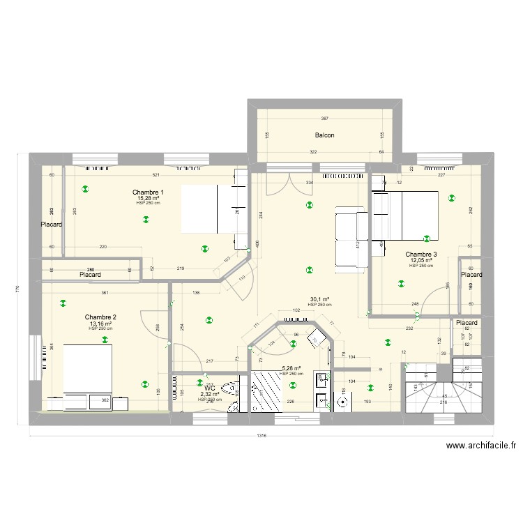 Cotations 1er étage Projet 8. Plan de 13 pièces et 89 m2