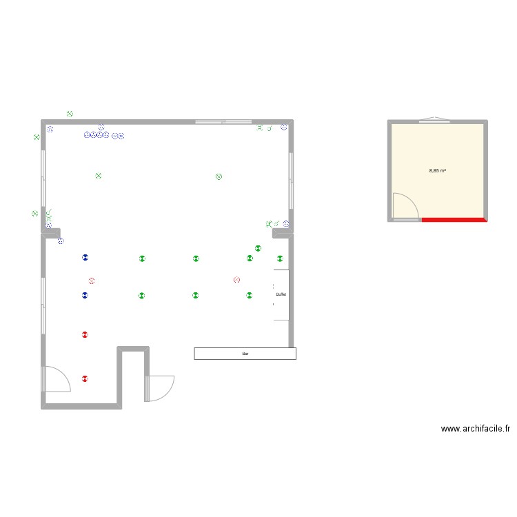 Spots. Plan de 1 pièce et 9 m2