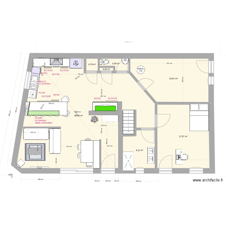 version U. Plan de 7 pièces et 101 m2