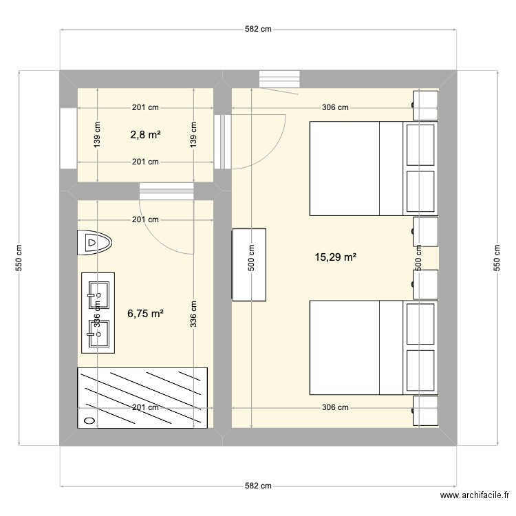 Chambre + SdB. Plan de 3 pièces et 25 m2