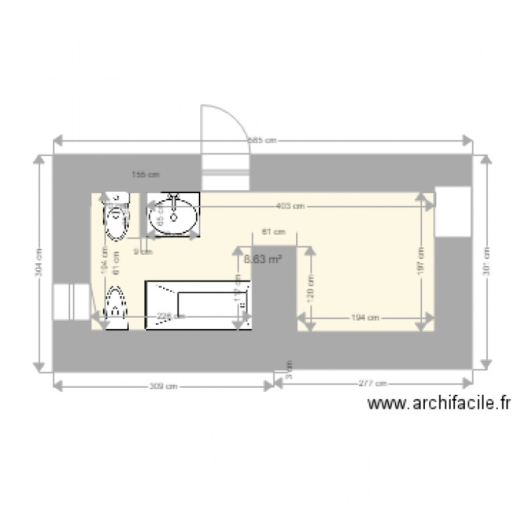 SdB Jeanine quotation piece existante. Plan de 1 pièce et 9 m2