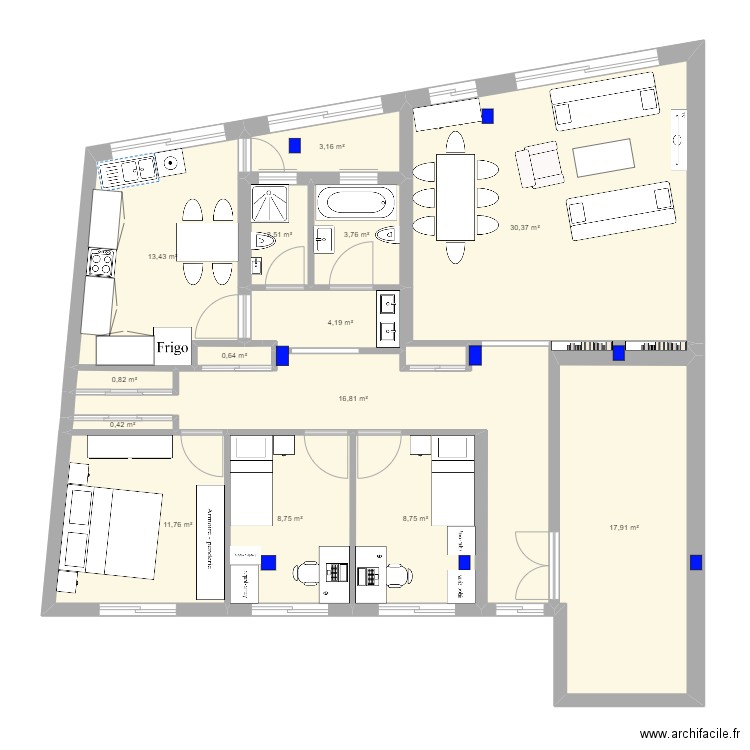 PLN2. Plan de 14 pièces et 123 m2