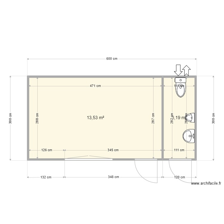 63 coin wc. Plan de 2 pièces et 17 m2