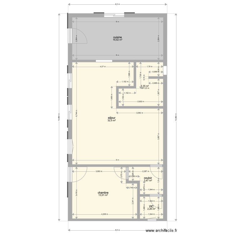 maison rectangle 75 m2. Plan de 6 pièces et 76 m2