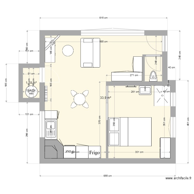 Petite maison. Plan de 2 pièces et 35 m2