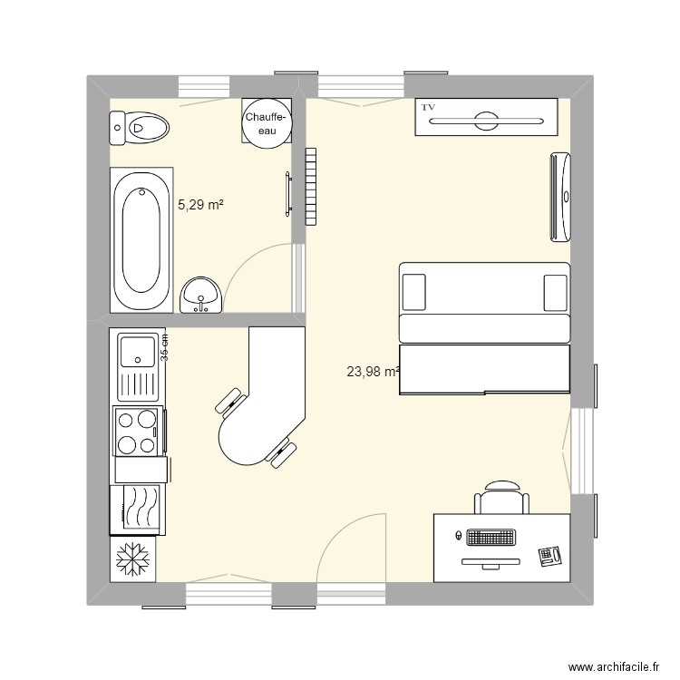 Studio (baignoire). Plan de 2 pièces et 29 m2