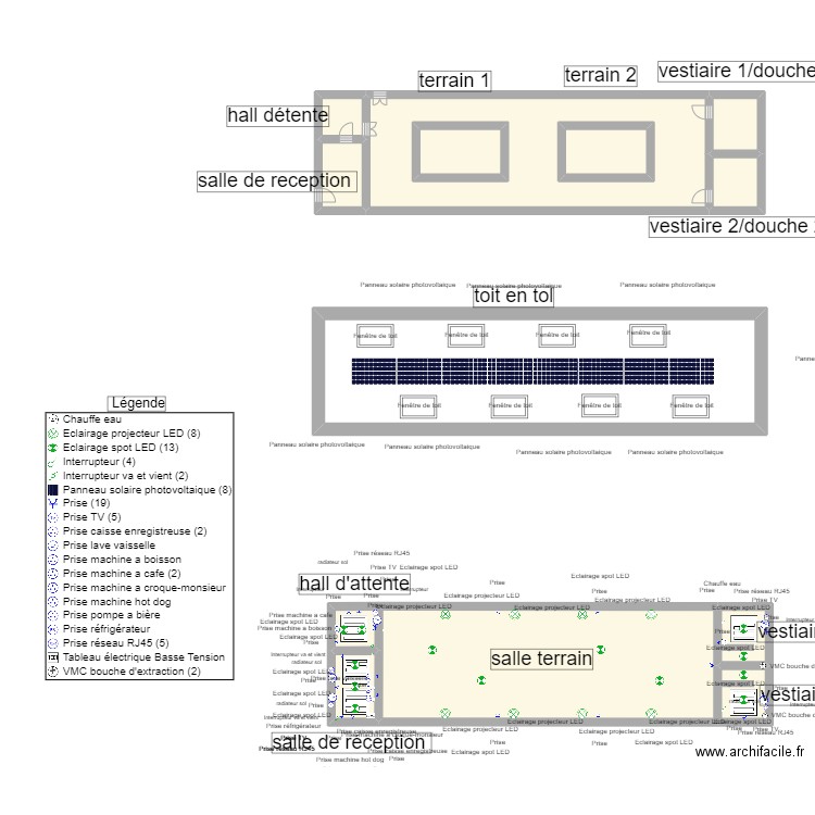 salle de footsall . Plan de 13 pièces et 69 m2