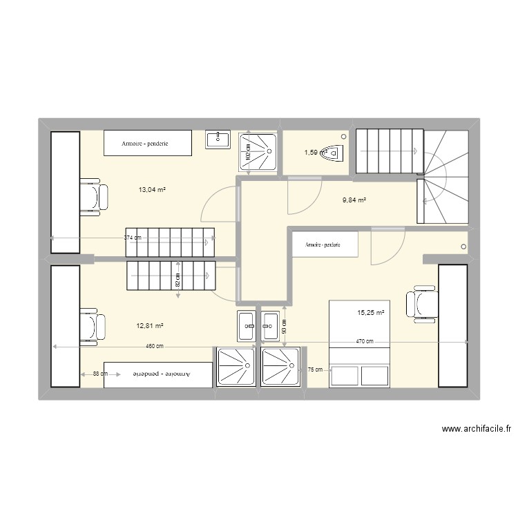 2ème étage 6AJJ moins de travaux. Plan de 5 pièces et 53 m2