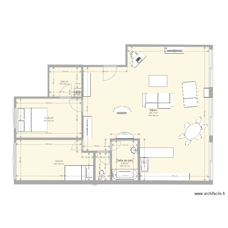 Après travaux avec meubles. Plan de 0 pièce et 0 m2