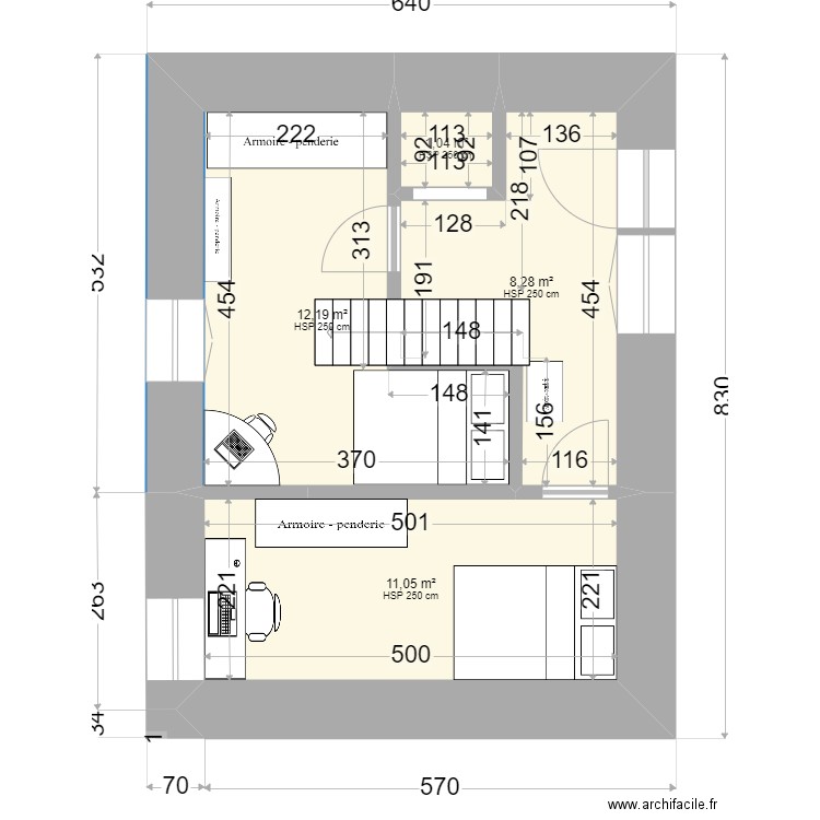 V1_longère-escalier milieu. Plan de 7 pièces et 95 m2