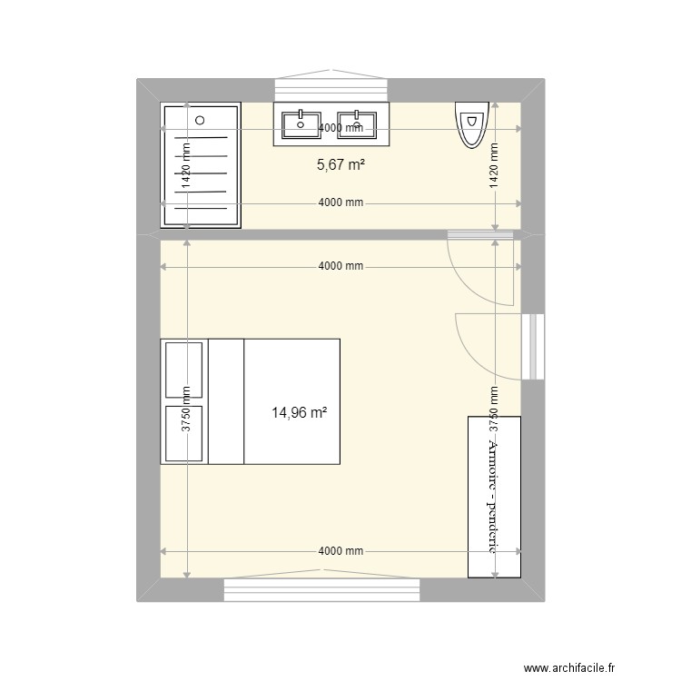 RDJ SDB 2. Plan de 2 pièces et 21 m2