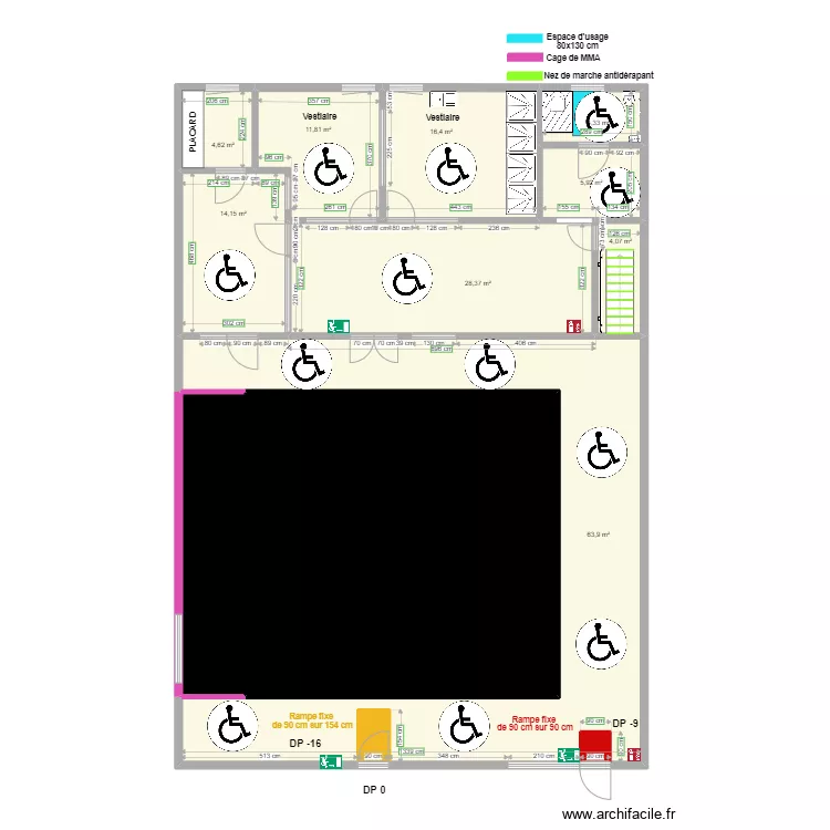 YODA FIGHT SCHOOL plan apr&egrave;s travaux avec espace de rotation. Plan de 