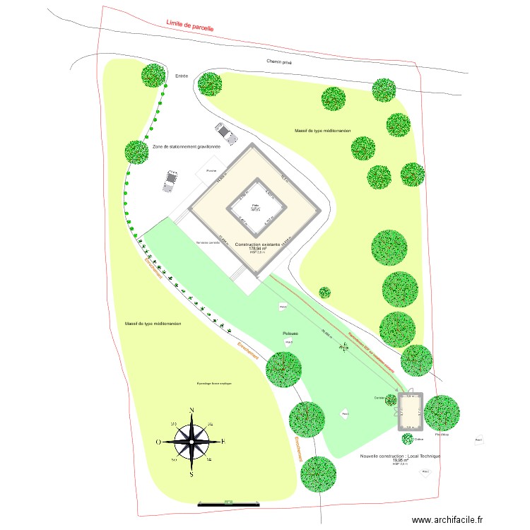 Plan de masse projete. Plan de 3 pièces et 293 m2