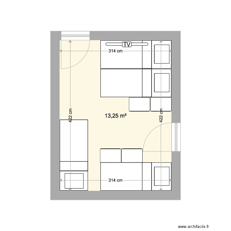 chambre Biarritz 1 couple 2 enfants. Plan de 1 pièce et 13 m2