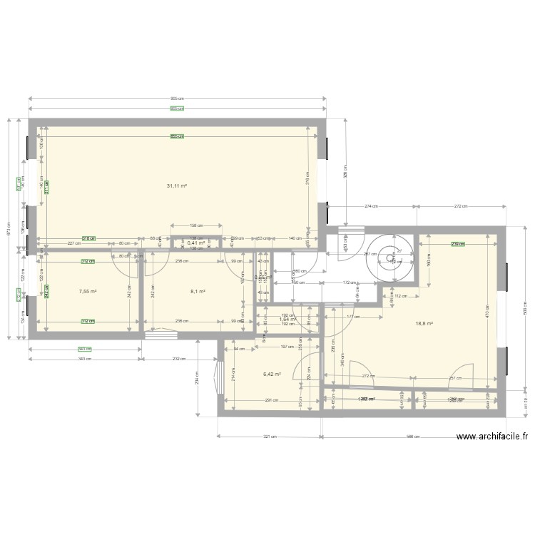 RDC actuel. Plan de 10 pièces et 78 m2