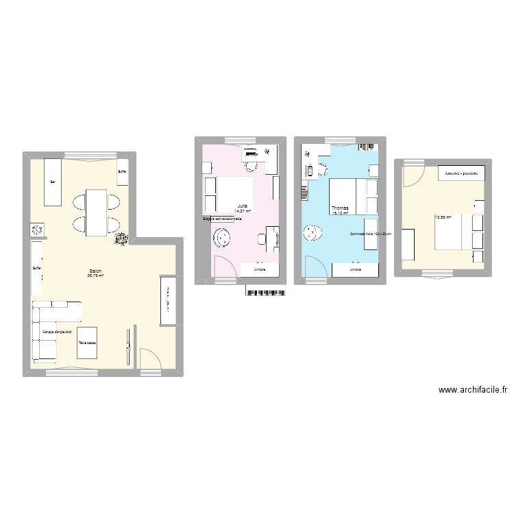 Pièces. Plan de 4 pièces et 81 m2