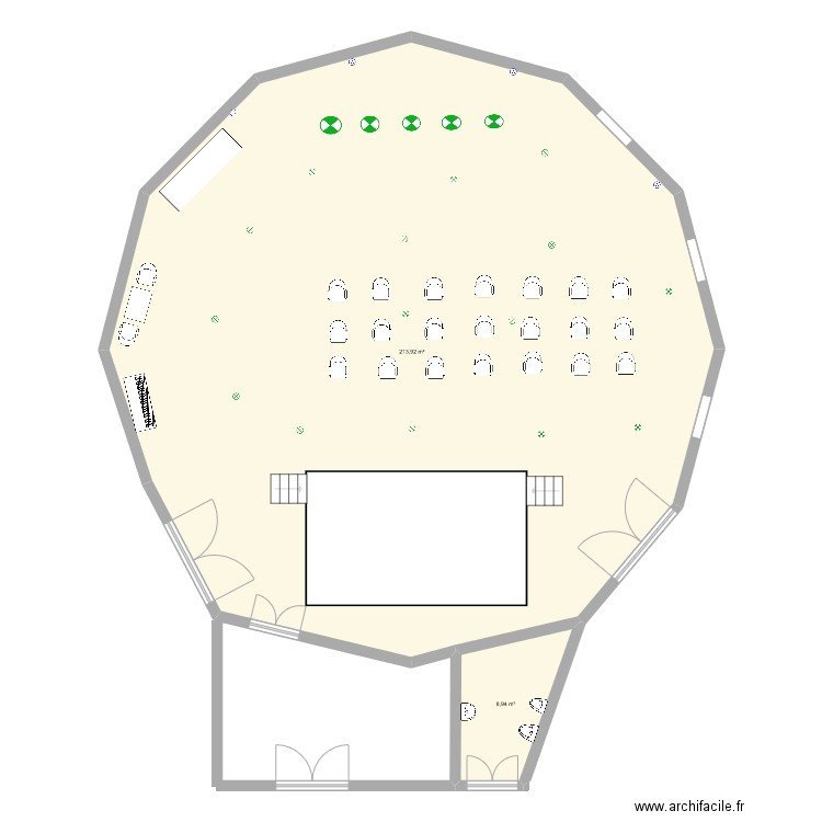 salle polyvalente . Plan de 2 pièces et 223 m2